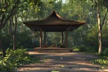 Tranquil wooden pavilion nestled in a lush forest, surrounded by greenery and soft sunlight, creating a serene atmosphere.