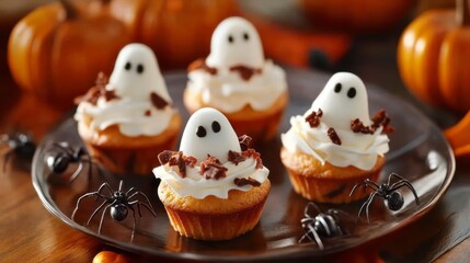 An artistic, close-up shot of Halloween-themed desserts and treats on a wooden table