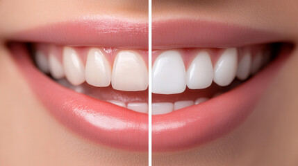 A close-up photo showing the same set of teeth, with one side displaying the teeth before whitening and the other side showing the teeth after whitening. 