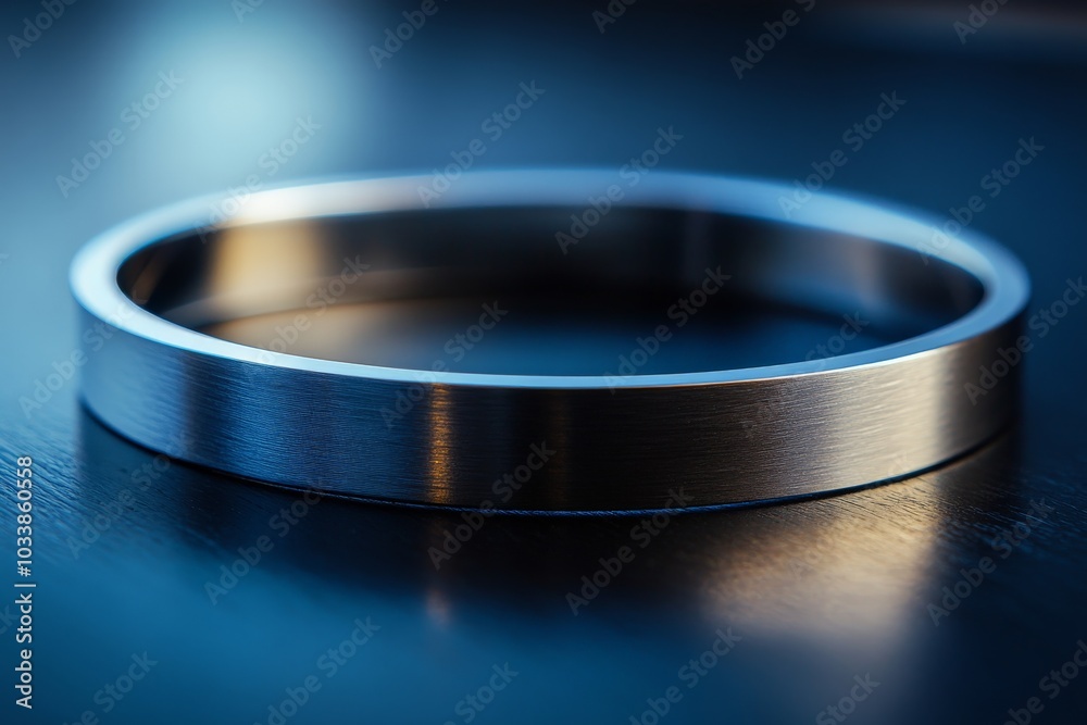 Poster a minimalistic polished silver ring sits on a smooth surface, reflecting light and showcasing its sl