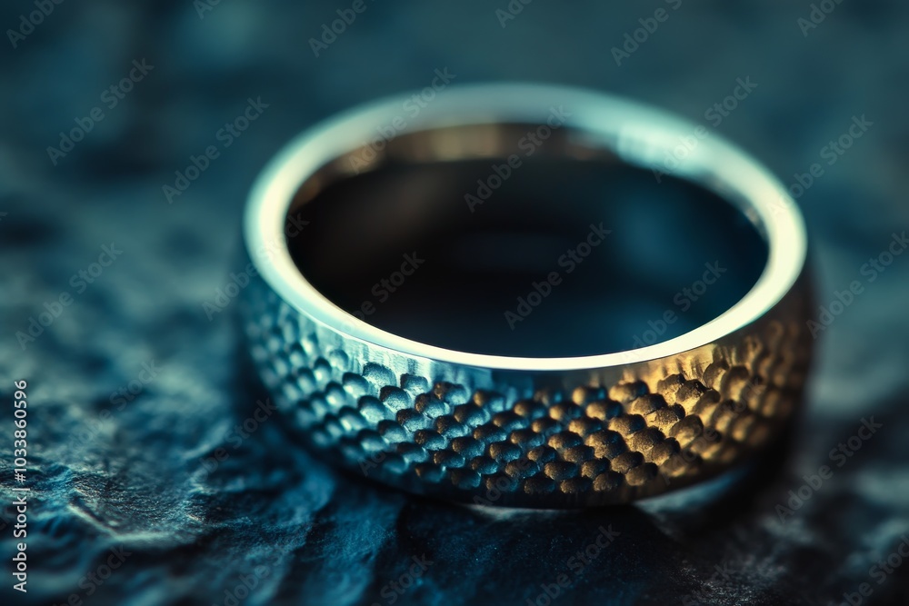 Poster close-up of a textured silver ring with a hammered pattern detail, highlighting the intricate crafts