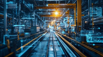 Fototapeta premium Futuristic Factory Interior with Automated Conveyor Systems and High Tech Machinery