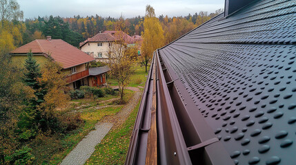 The roof of a private building is covered with a polymer storm drainage system with a gutter