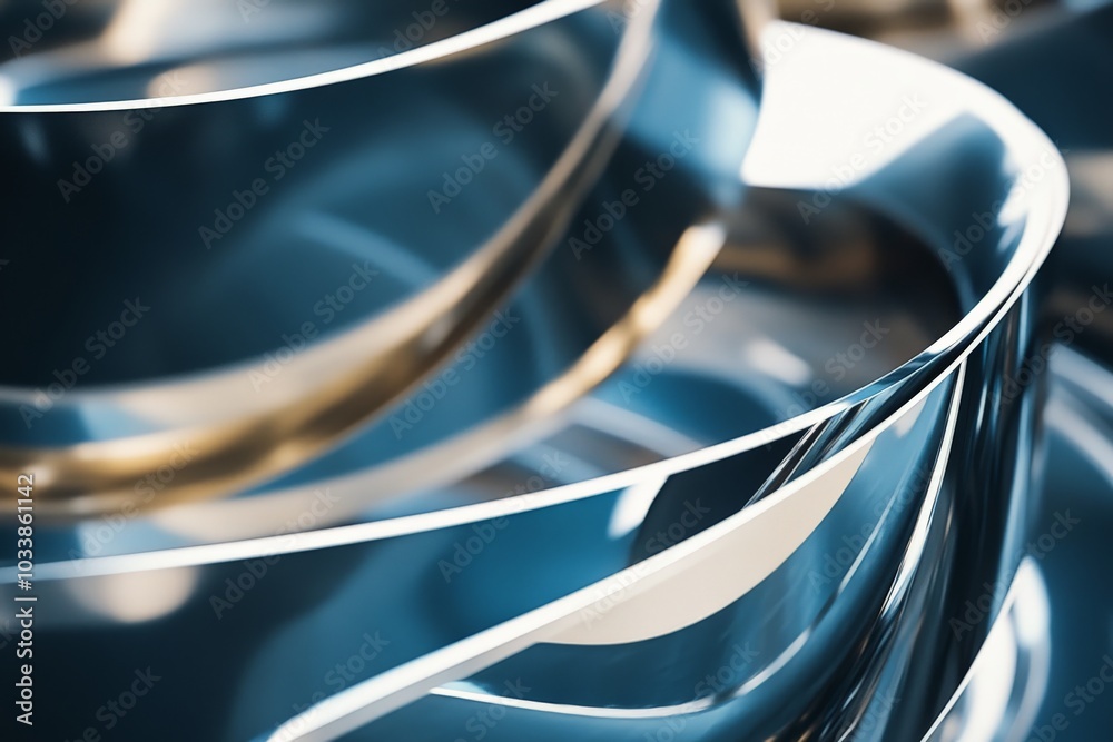 Poster Abstract ring layers intertwined with reflective surfaces. Play of blues and gold create a mesmerizing visual, representing depth and elegance through abstract art.