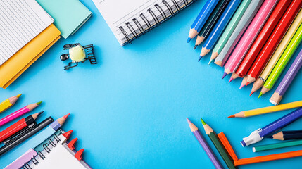 Various stationery pencils, a notebook and textbooks are shown against a blue background.