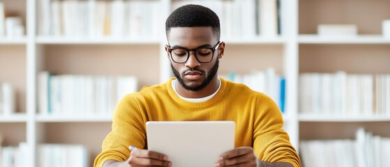 Young man in yellow sweater using tablet in a modern library setting.
