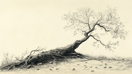 A great fallen tree from the book of Zephaniah lies across a wilderness path blocking the way and scattering leaves creating a symbolic obstacle and disruption to travelers  journeys