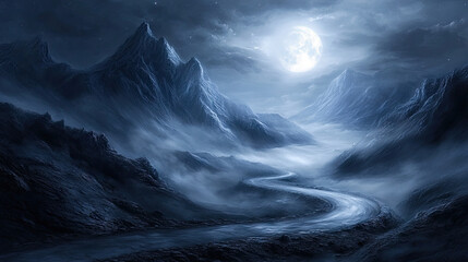 Curving mountain road at night under a bright moon, with faint mist rising and the landscape bathed in soft lunar light. --chaos