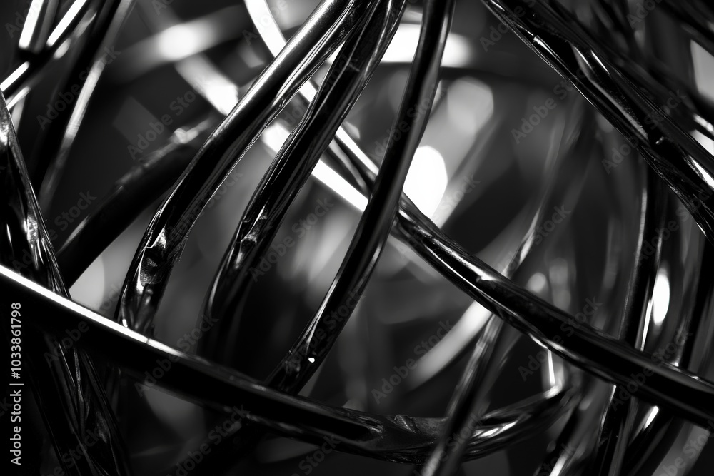 Aufkleber The image displays a dark, abstract tangle of glossy wires, weaving together to form an intriguing shape, set against a contrasting background, representing complexity.