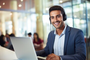 Indian man working at call center laptop headphones computer.
