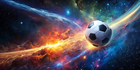 Fototapeta premium Surreal Soccer Ball in Space with Fiery Trail, Cosmic Adventure, Futuristic Sports, Interstellar Journey, Galactic Motion, Celestial Phenomenon, Dreamlike Scenery, Vibrant Colors, Astounding Visuals