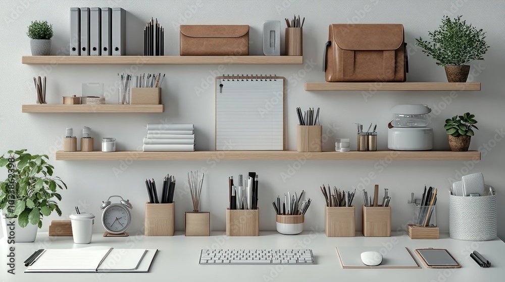 Poster A desk with a white background and a shelf with a white notebook on it