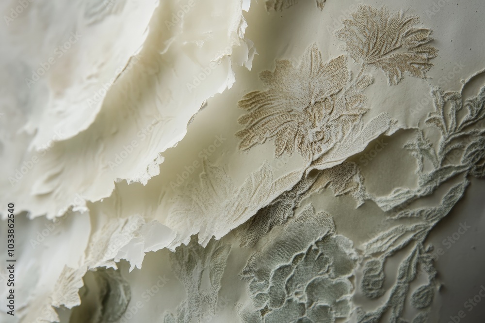 Poster A detailed close-up displaying fragile, layered floral designs on a textured surface, evoking both natural beauty and the intricacies of handcrafted artwork.