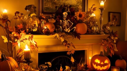 Obraz premium A cozy living room filled with vintage Halloween decorations--carved pumpkins, paper skeletons, flickering candles, and autumn leaves on a fireplace mantel