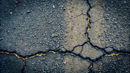 Obraz premium A weathered asphalt surface reveals a network of cracks, highlighting the passage of time and the resilience of the material.