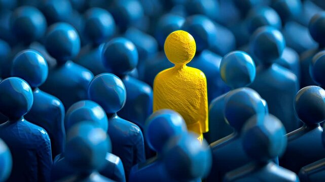 Stand Out from the Crowd - Yellow Figure Amidst Blue Group - Unique and Different, Individuality Concept