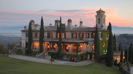 A stunning twilight view of an elegant mansion with lush greenery and architectural details set against a beautiful mountainous backdrop