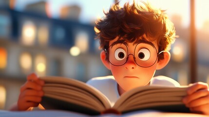 An animated character sits intently focused on a book, surrounded by a dimly lit backdrop hinting at dedication, concentration, and immersion in the content.
