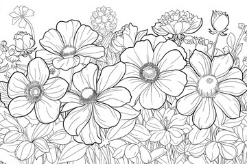 Fototapeta premium Intricate line drawing of various floral blooms, showcasing detailed petals and leaves in a monochrome style, perfect for coloring enthusiasts.