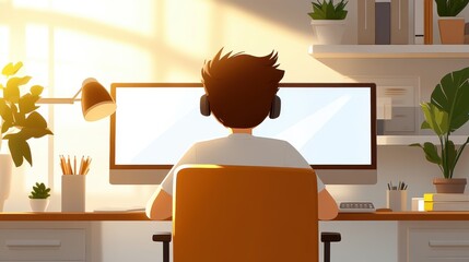 A person is seated at a desk, wearing headphones, focused on a computer screen with plants and office supplies enhancing the space around in soft lighting.