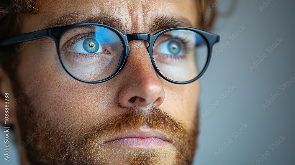 Poster a man with glasses and a beard is looking at the camera