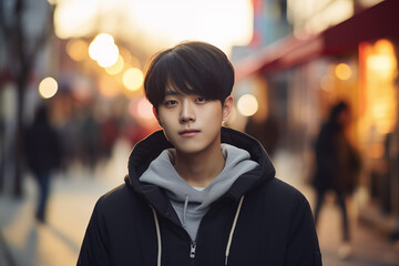 A natural, candid shot of a Korean man laughing, taken mid-laughter with his head tilted back, capturing the spontaneity and joy of the moment.showing expressive eyes and a wide smile. 