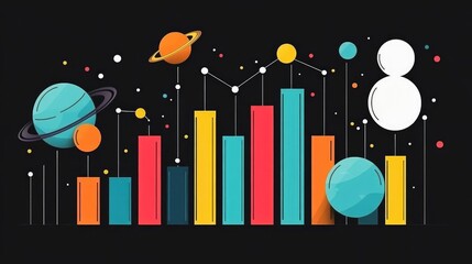 Colorful Bar Graph with Planets and Stars on Black Background