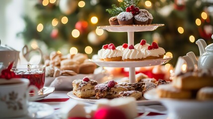 Christmas-themed afternoon tea with delicate pastries elegant