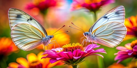 Two White Butterflies with Wings Spread on Colorful Flower in Macro Photography, Capturing Nature's Beauty, Insects in Action, Floral Close-Up, Vibrant Garden Scene