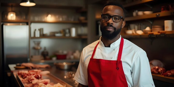 An African American male butcher in a white uniform and red apron skillfully prepares fresh cuts of meat. The butcher shop is vibrant, with a display of various meats and a friendly atmosphere.