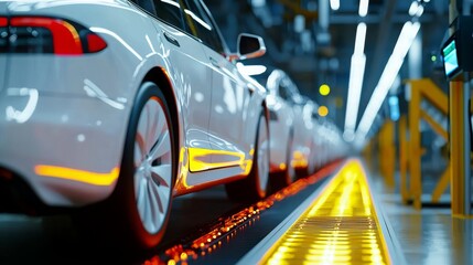 Obraz premium A close-up view of white cars on an assembly line, showcasing modern manufacturing and automotive technology in a bright, industrial setting.