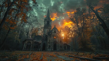 An abandoned and hauntingly picturesque Gothic-style church stands amidst an eerie autumn landscape as the sun sets, casting an orange glow through the dark clouds