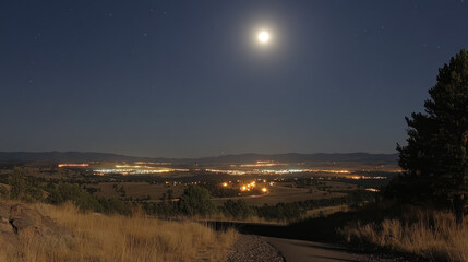Fototapeta premium Night highway with the moon shining above, casting a serene glow over the road and distant city lights in the background. --chaos