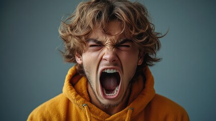 A man with a red hoodie is yelling