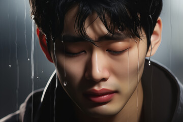 A Korean man in a dark coat, tears streaming down his face as he stands in a downpour, city lights blurred in the background, capturing a moment of deep sorrow