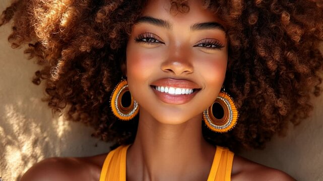A woman with curly hair and orange earrings is smiling. She is wearing a yellow top and is laying on a surface