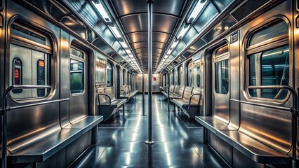 Obraz premium Urban Mystery in Abandoned Subway: Empty Train Doors, Sleek Silver Finish, Dim Lighting, Bokeh Effect, Nostalgic Atmosphere, Urban Exploration, Urban Photography