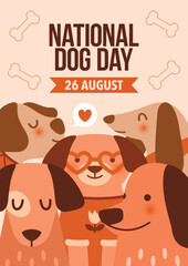 National Dog Day. August 26. Banner template with funny dog characters in flat style. Naive illustration with kawaii puppy, domestic pet for card, poster, leaflet, brochure, marketing. Quirky design.