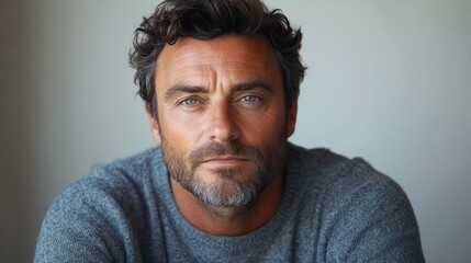 Obraz premium A man with a beard and glasses is wearing a gray sweater