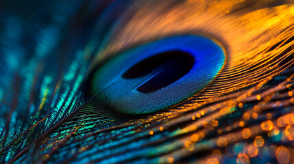 Fototapeta premium Vibrant close-up of a peacock feather showcasing intricate colors and patterns in detail