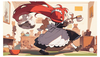 Obraz premium anime girl in a maid outfit cleaning a whole room with a broom