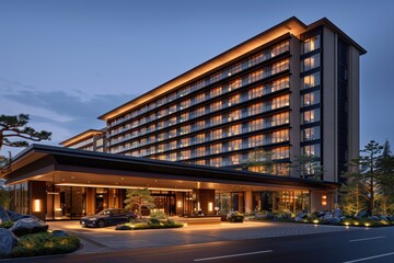 A stunningly illuminated modern hotel exterior with welcoming entrance set in a lush landscape during twilight, showcasing architectural elegance