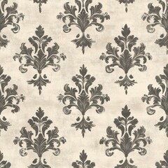 Vintage Damask scroll pattern on vintage beige fabric background, seamless repeating pattern, textile print style, minimal, Damask design, seamless scroll pattern, home decor, textiles