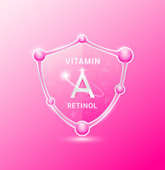 Vitamin A Retinol in pink molecule shield. Fruit vegetable pattern. Supplements to protect health. For nutrition products food. Vector illustration.