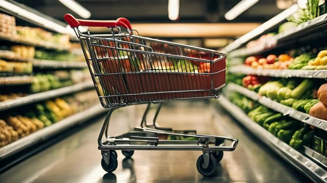 A shopping cart positioned adjacent to the vegetable section in the supermarket