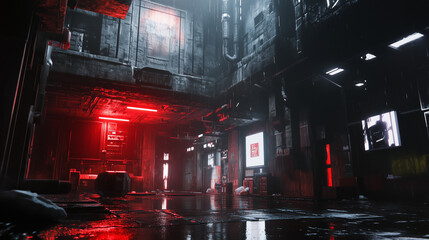 Futuristic dark alleyway illuminated by red neon lights, showcasing dystopian cyberpunk architecture in a rainy urban setting