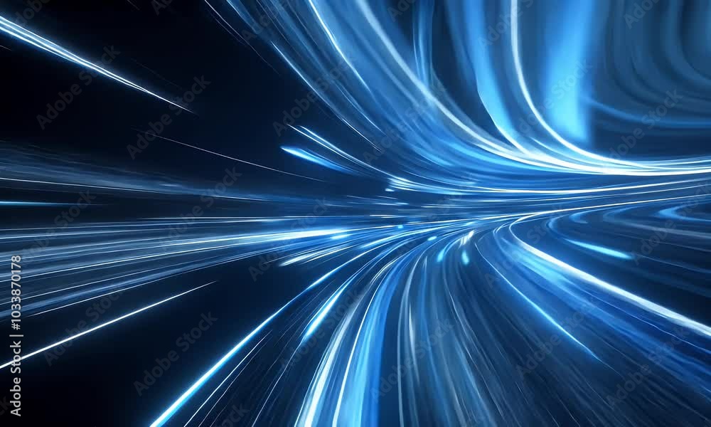 Wall mural abstract blue glowing light speed lines background with a fast-moving path on a black backdrop, a te