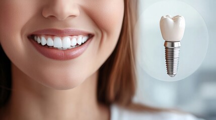 The image shows a woman smiling brightly with a dental implant. Her white teeth are visible, and the implant is in the background.
