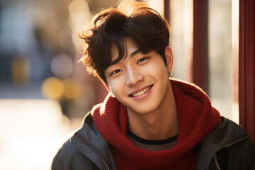 A natural, candid shot of a Korean man laughing, taken mid-laughter with his head tilted back, capturing the spontaneity and joy of the moment.showing expressive eyes and a wide smile. 