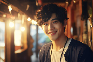 A natural, candid shot of a Korean man laughing, taken mid-laughter with his head tilted back, capturing the spontaneity and joy of the moment.showing expressive eyes and a wide smile. 